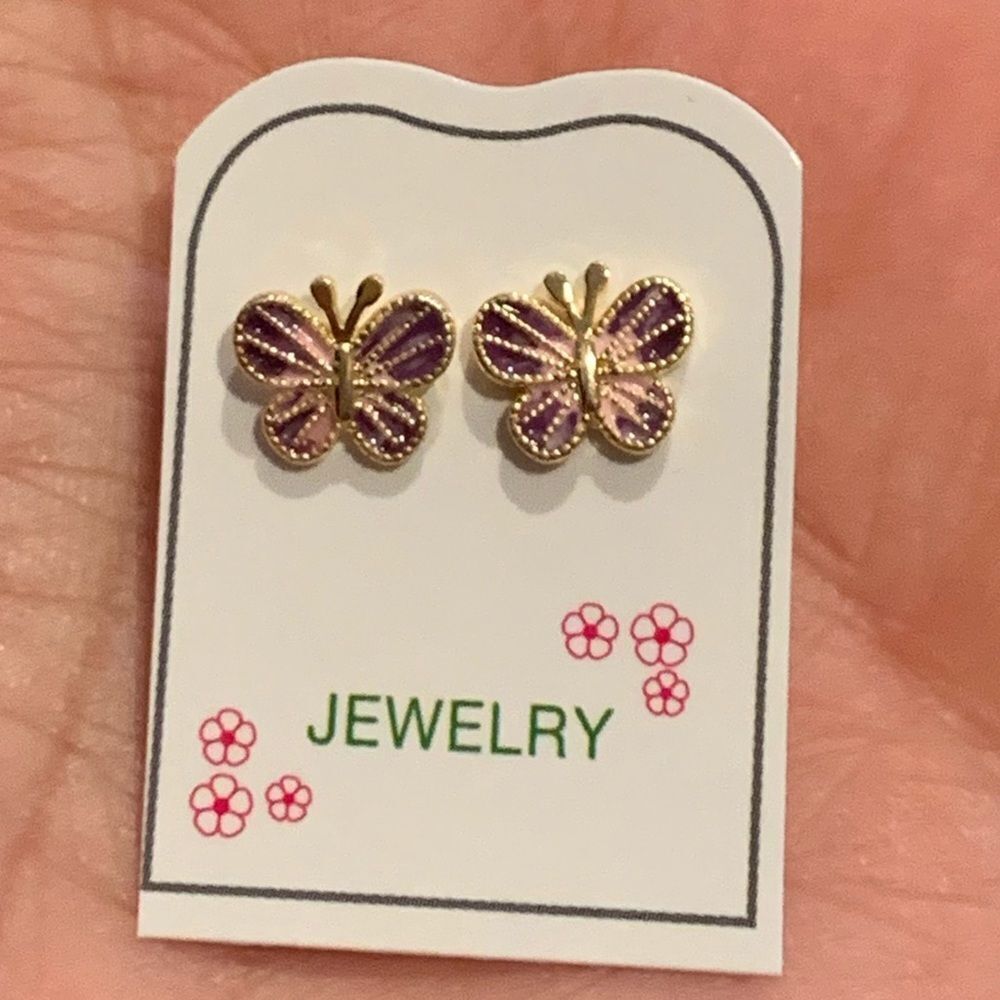 14k gold plated Butterfly Earrings girls kids! - Picture 2 of 6